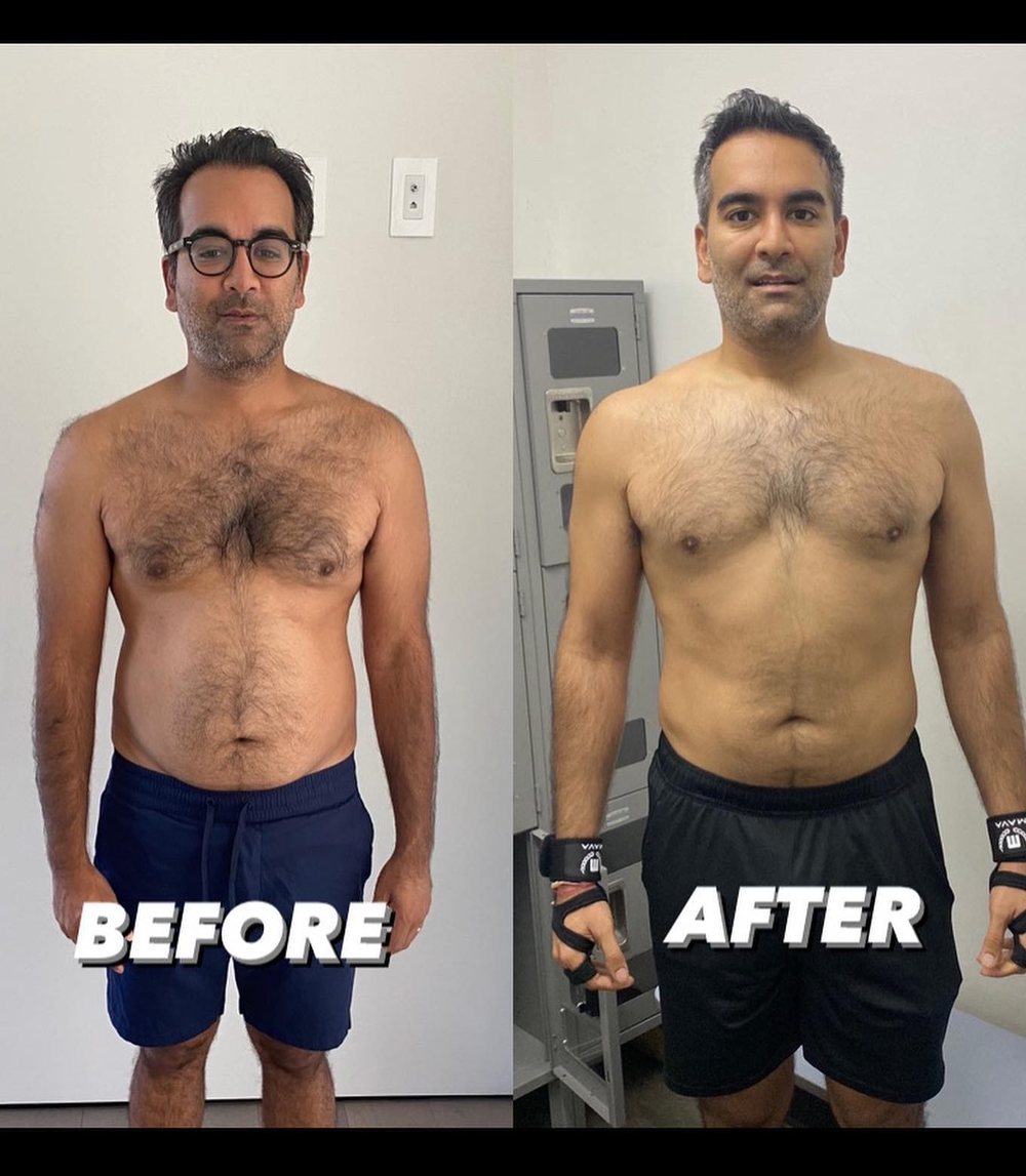 Anand before and after training with Josh: 190 pounds to 175 pounds with broader shoulders and a flatter stomach